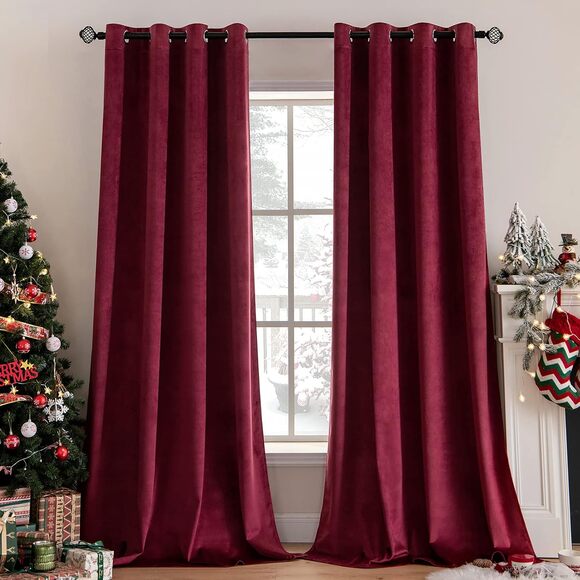 New Burgundy Velvet Thermal Blackout Curtains - 2 Panels (52 x 96) - Picture 1 of 5